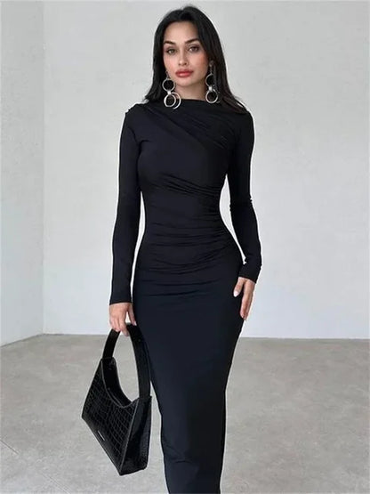 Pleated Long Sleeved Slim Maxi Dress – Elegant Off-Shoulder Bodycon Gown