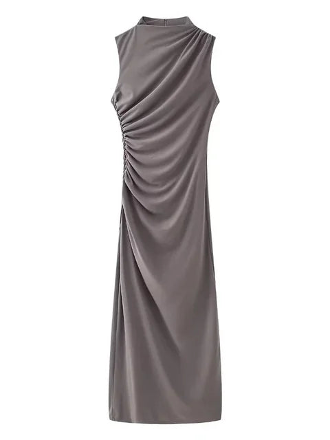 Pleated Long Sleeved Slim Maxi Dress – Elegant Off-Shoulder Bodycon Gown