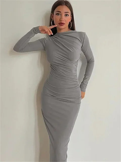 Pleated Long Sleeved Slim Maxi Dress – Elegant Off-Shoulder Bodycon Gown