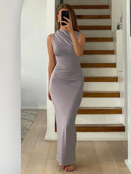 Pleated Long Sleeved Slim Maxi Dress – Elegant Off-Shoulder Bodycon Gown