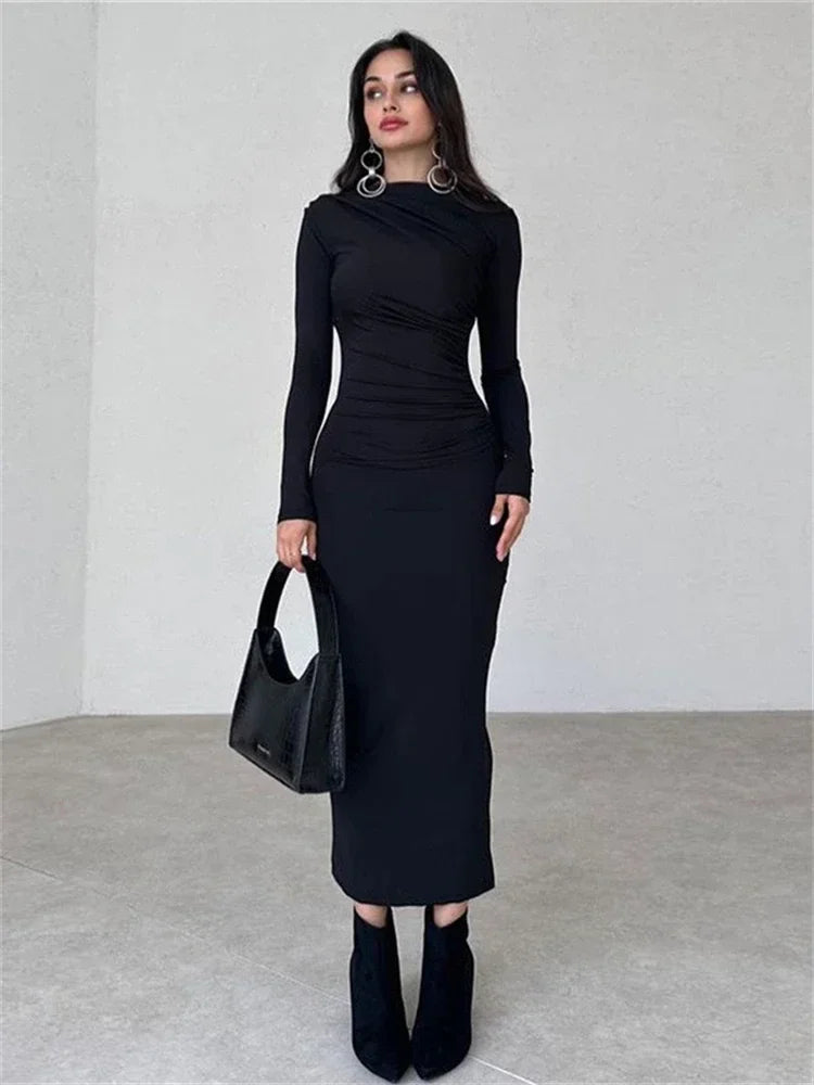Pleated Long Sleeved Slim Maxi Dress – Elegant Off-Shoulder Bodycon Gown