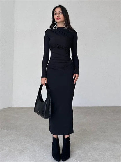 Pleated Long Sleeved Slim Maxi Dress – Elegant Off-Shoulder Bodycon Gown