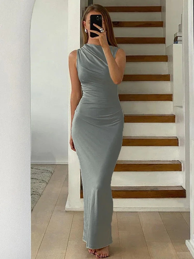 Pleated Long Sleeved Slim Maxi Dress – Elegant Off-Shoulder Bodycon Gown
