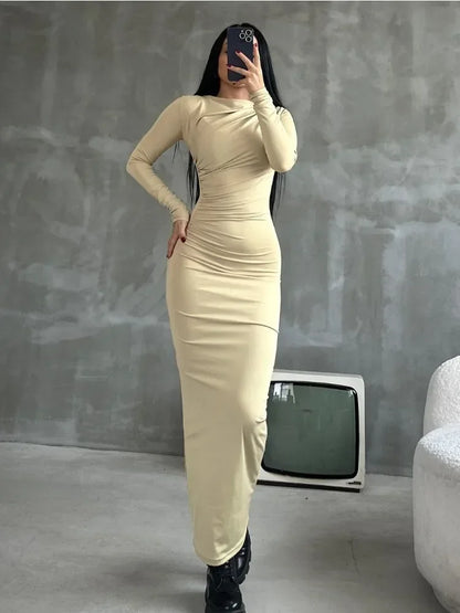 Pleated Long Sleeved Slim Maxi Dress – Elegant Off-Shoulder Bodycon Gown