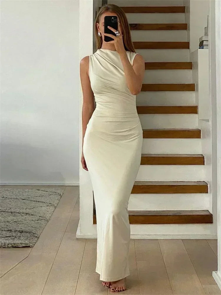 Pleated Long Sleeved Slim Maxi Dress – Elegant Off-Shoulder Bodycon Gown