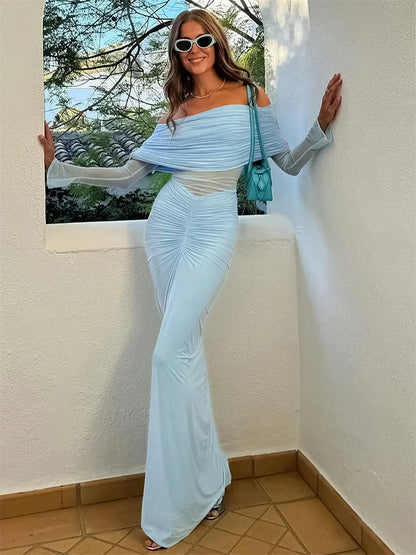 Vestido largo plisado de malla con hombros descubiertos para mujer, vestido de moda de talle alto con patchwork transparente, vestido largo liso para mujer