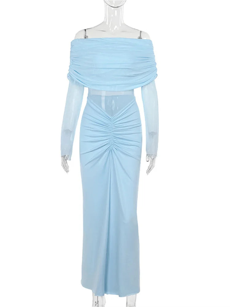 Vestido largo plisado de malla con hombros descubiertos para mujer, vestido de moda de talle alto con patchwork transparente, vestido largo liso para mujer