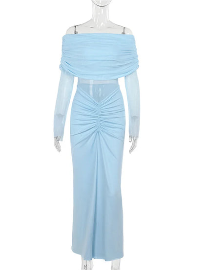 Vestido largo plisado de malla con hombros descubiertos para mujer, vestido de moda de talle alto con patchwork transparente, vestido largo liso para mujer