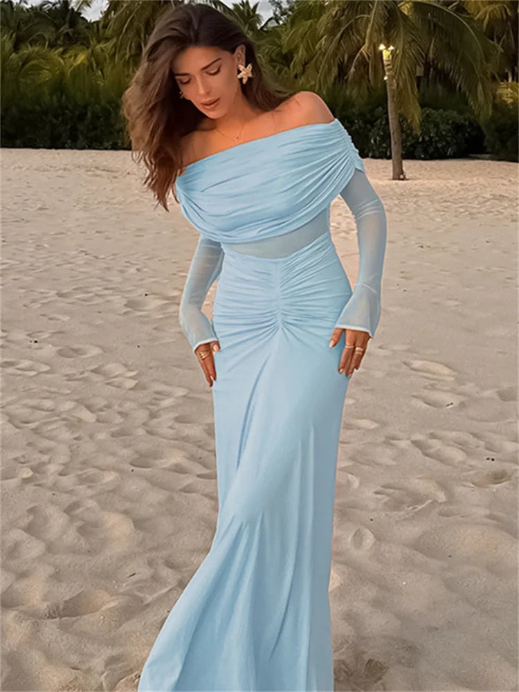 Vestido largo plisado de malla con hombros descubiertos para mujer, vestido de moda de talle alto con patchwork transparente, vestido largo liso para mujer