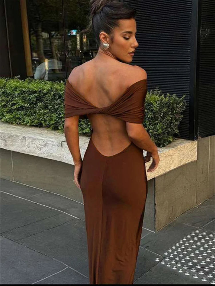 Vestido largo elegante plisado con hombros descubiertos para mujer, vestido de fiesta liso con retazos en la espalda y giro, vestido maxi de verano nuevo