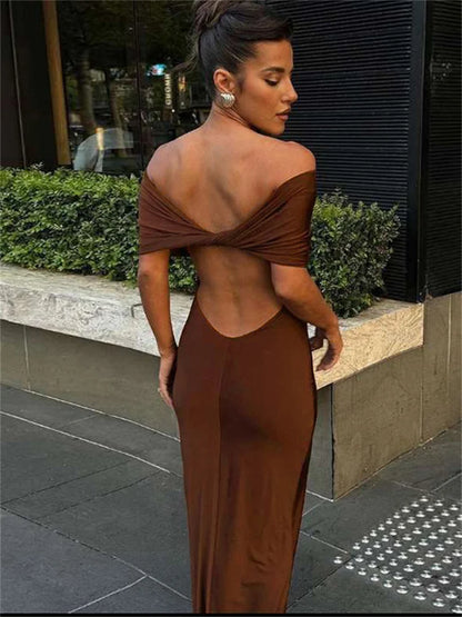 Vestido largo elegante plisado con hombros descubiertos para mujer, vestido de fiesta liso con retazos en la espalda y giro, vestido maxi de verano nuevo