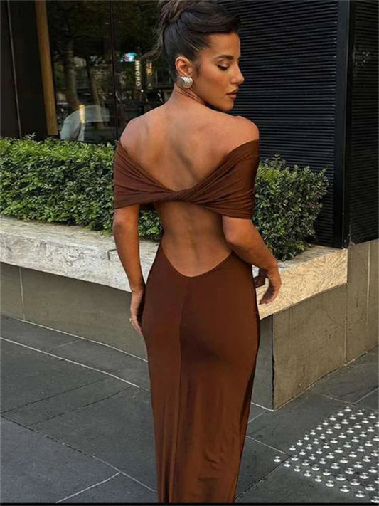 Pleated Off-Shoulder Elegant Long Dress For Women Twist Backless Patchwork Fashion Solid Party Dress Summer Maxi Dress New