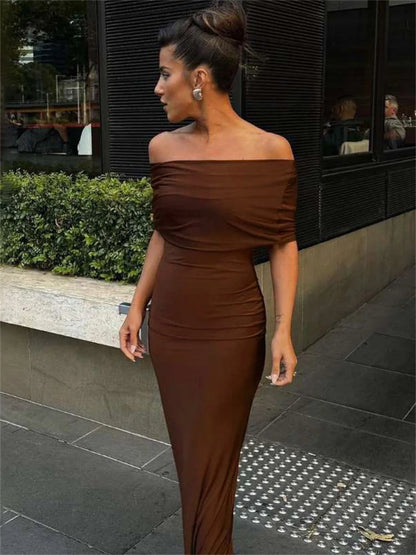 Vestido largo elegante plisado con hombros descubiertos para mujer, vestido de fiesta liso con retazos en la espalda y giro, vestido maxi de verano nuevo