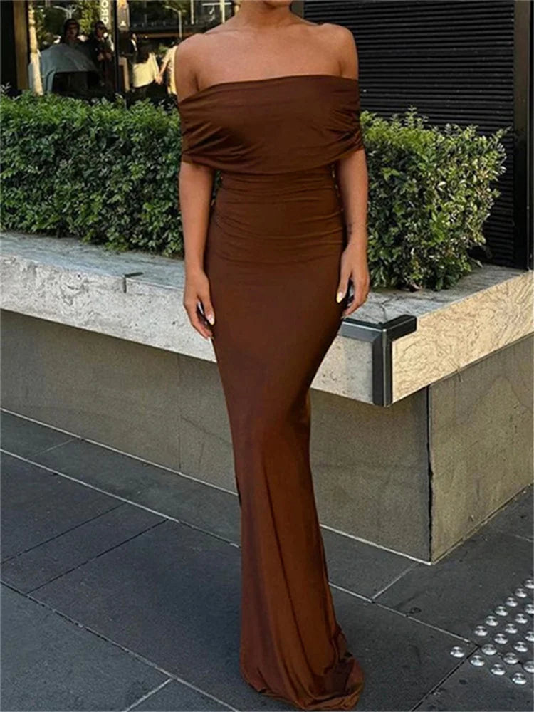 Vestido largo elegante plisado con hombros descubiertos para mujer, vestido de fiesta liso con retazos en la espalda y giro, vestido maxi de verano nuevo
