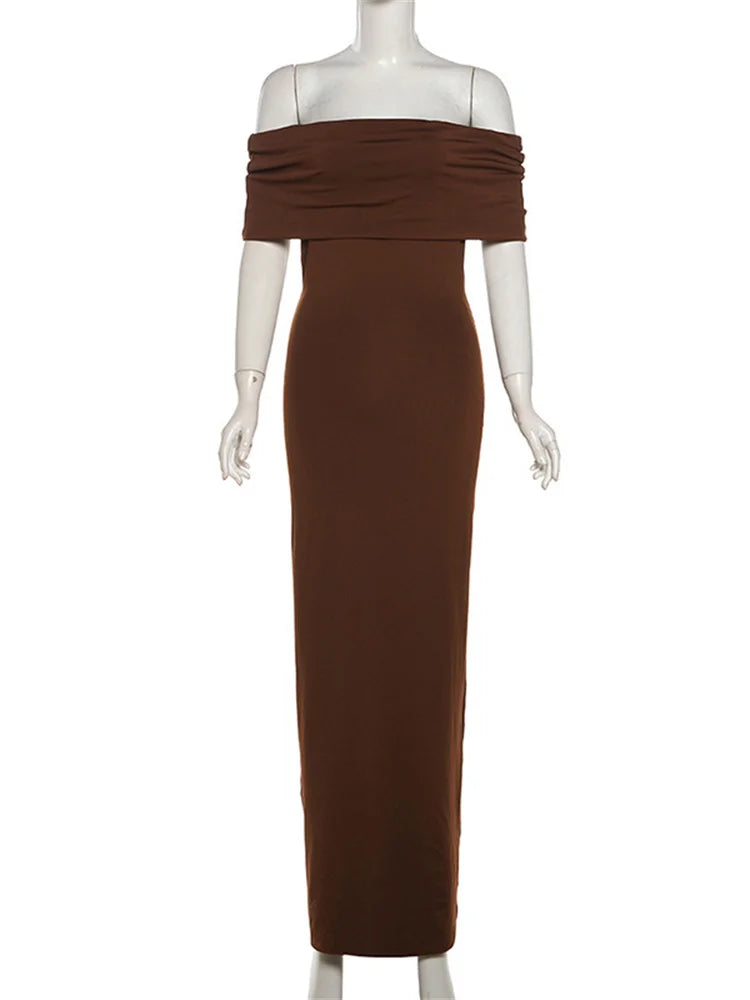 Vestido largo elegante plisado con hombros descubiertos para mujer, vestido de fiesta liso con retazos en la espalda y giro, vestido maxi de verano nuevo