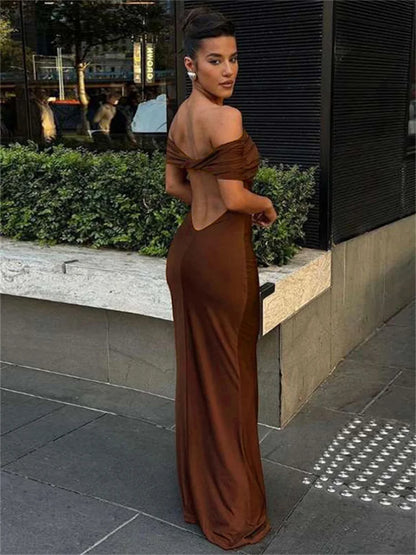 Vestido largo elegante plisado con hombros descubiertos para mujer, vestido de fiesta liso con retazos en la espalda y giro, vestido maxi de verano nuevo