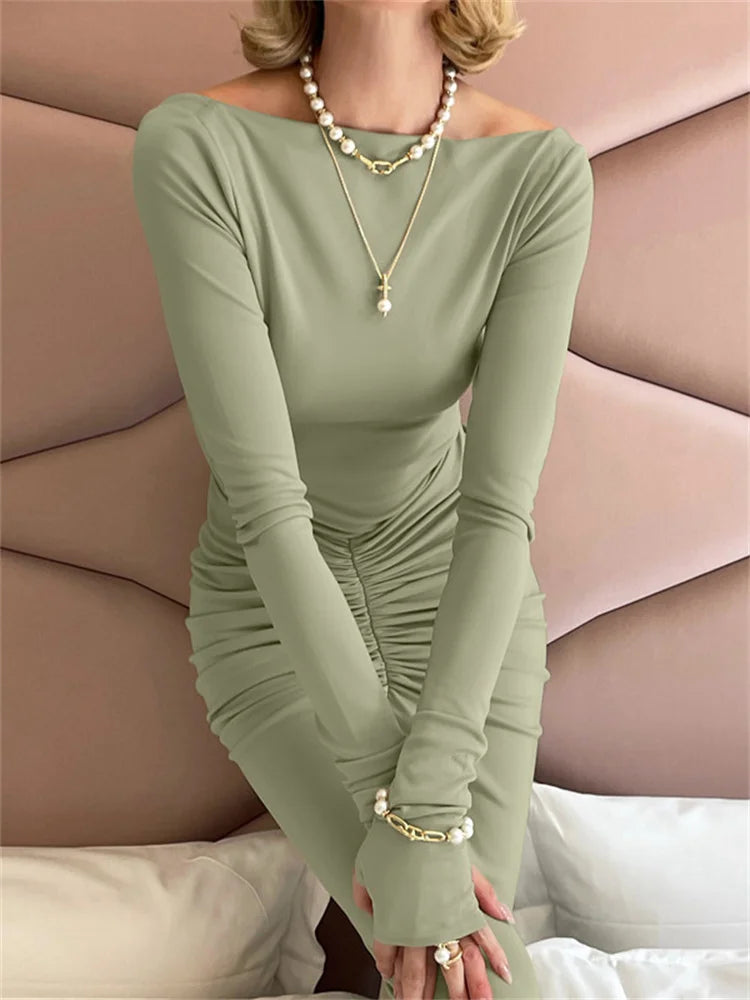 Vestido largo plisado ajustado de moda para mujer, cintura alta, patchwork, manga larga, liso, ajustado, vestido de fiesta para mujer, nuevo