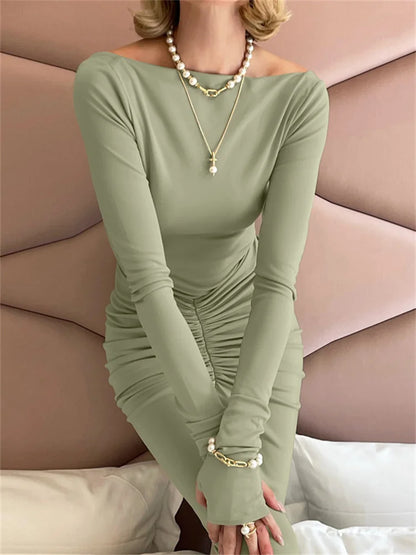 Vestido largo plisado ajustado de moda para mujer, cintura alta, patchwork, manga larga, liso, ajustado, vestido de fiesta para mujer, nuevo
