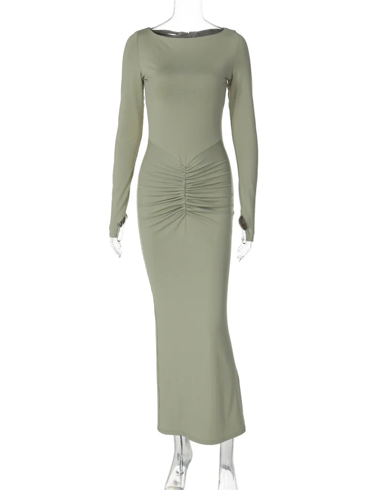 Vestido largo plisado ajustado de moda para mujer, cintura alta, patchwork, manga larga, liso, ajustado, vestido de fiesta para mujer, nuevo