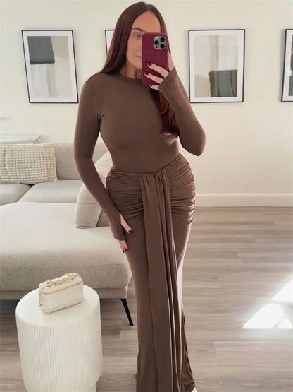 Pleated Tassel Slim Maxi Dress For Women Patchwork Lace-Up Elegant Fashion Solid Bandage Autumn Dress Female Party Dress
