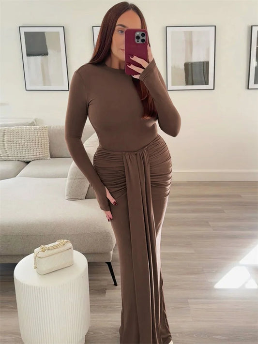 Pleated Tassel Slim Maxi Dress For Women Patchwork Lace-Up Elegant Fashion Solid Bandage Autumn Dress Female Party Dress