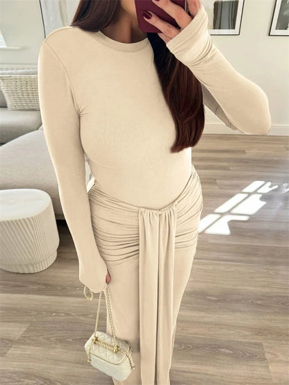 Pleated Tassel Slim Maxi Dress For Women Patchwork Lace-Up Elegant Fashion Solid Bandage Autumn Dress Female Party Dress