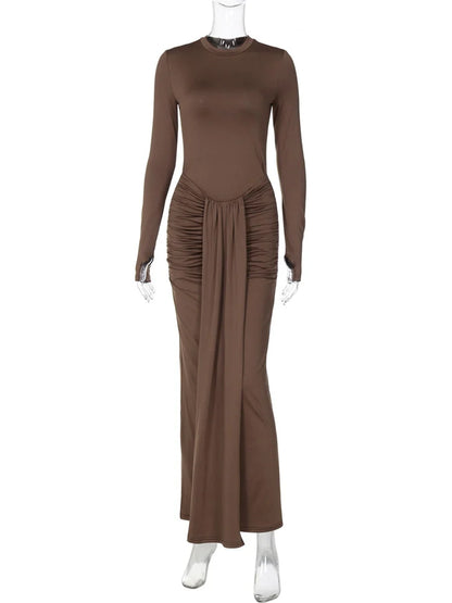 Pleated Tassel Slim Maxi Dress For Women Patchwork Lace-Up Elegant Fashion Solid Bandage Autumn Dress Female Party Dress