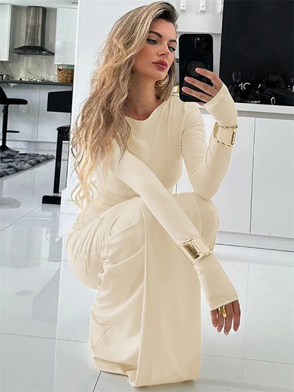 Pleated Tassel Slim Maxi Dress For Women Patchwork Lace-Up Elegant Fashion Solid Bandage Autumn Dress Female Party Dress