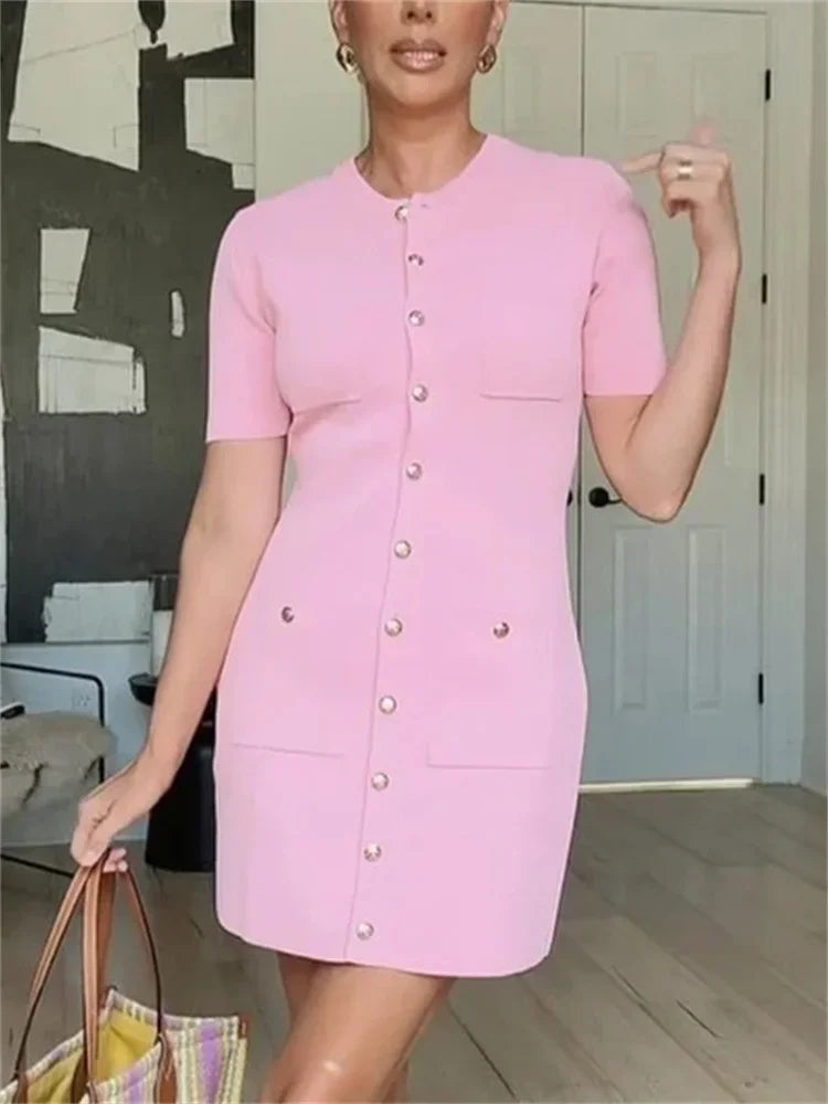 Vestido mini de punto con bolsillos para mujer, vestido de otoño acanalado de cintura alta, elegante vestido de fiesta de retazos a la moda, vestido tipo cárdigan de punto