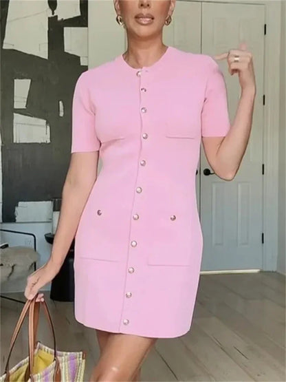 Vestido mini de punto con bolsillos para mujer, vestido de otoño acanalado de cintura alta, elegante vestido de fiesta de retazos a la moda, vestido tipo cárdigan de punto