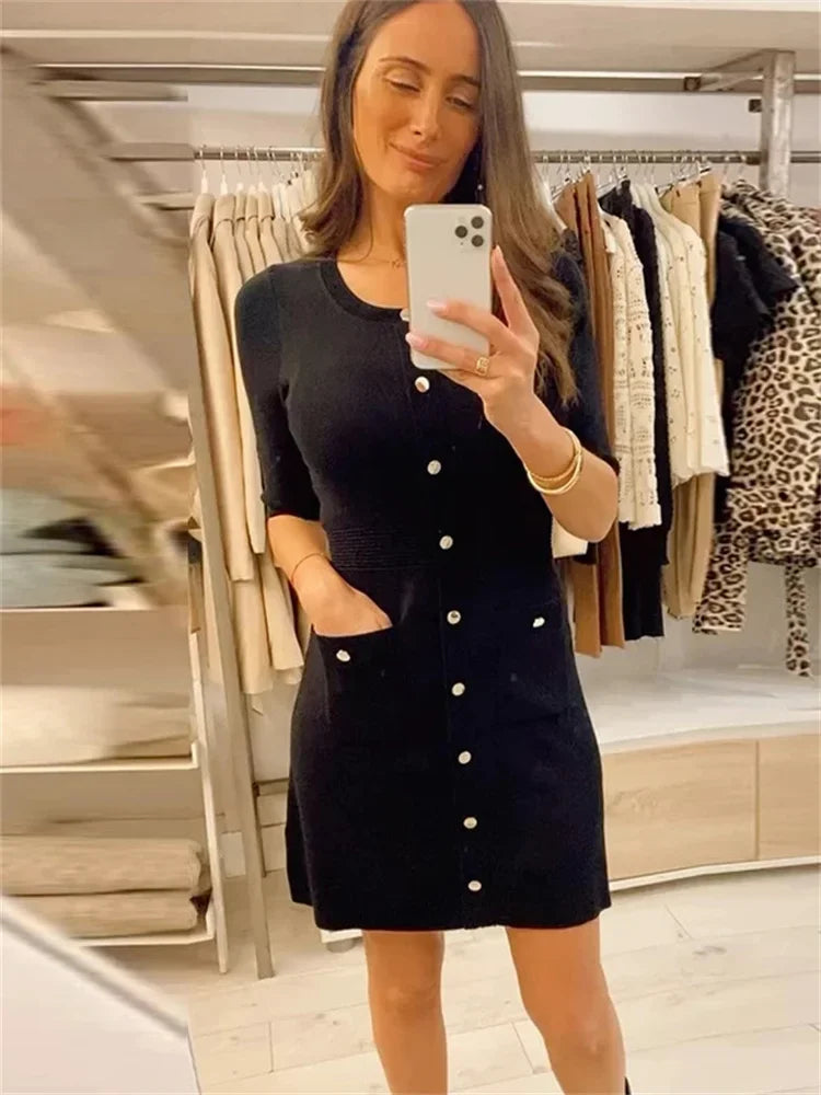 Vestido mini de punto con bolsillos para mujer, vestido de otoño acanalado de cintura alta, elegante vestido de fiesta de retazos a la moda, vestido tipo cárdigan de punto