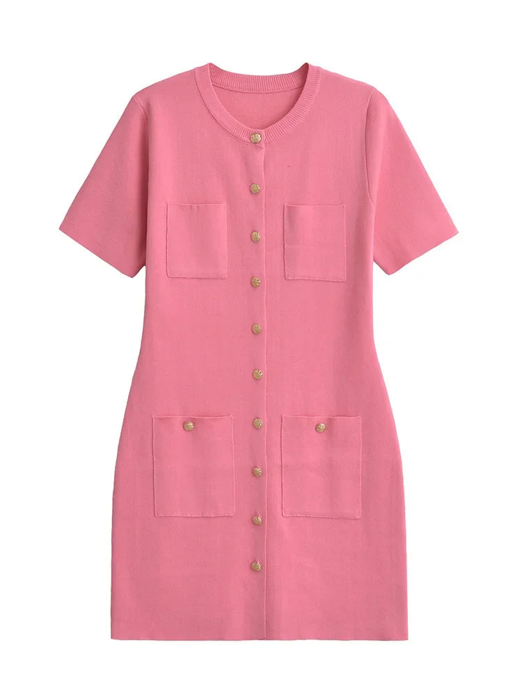 Vestido mini de punto con bolsillos para mujer, vestido de otoño acanalado de cintura alta, elegante vestido de fiesta de retazos a la moda, vestido tipo cárdigan de punto
