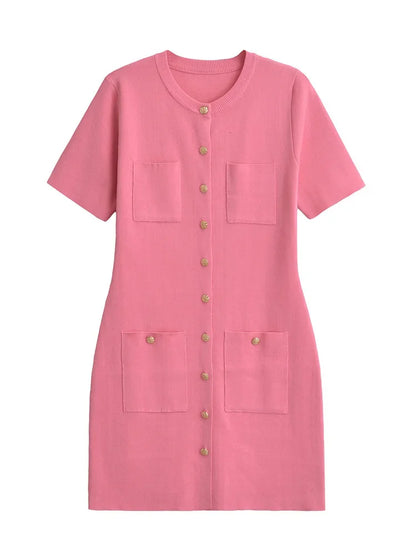 Vestido mini de punto con bolsillos para mujer, vestido de otoño acanalado de cintura alta, elegante vestido de fiesta de retazos a la moda, vestido tipo cárdigan de punto