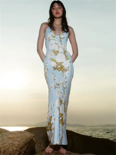 Vestido de moda con espalda descubierta y estampado para mujer, estilo vendaje, ajustado, elegante, de fiesta, con cordones, sexy, largo, para verano 2025