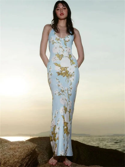 Vestido de moda con espalda descubierta y estampado para mujer, estilo vendaje, ajustado, elegante, de fiesta, con cordones, sexy, largo, para verano 2025