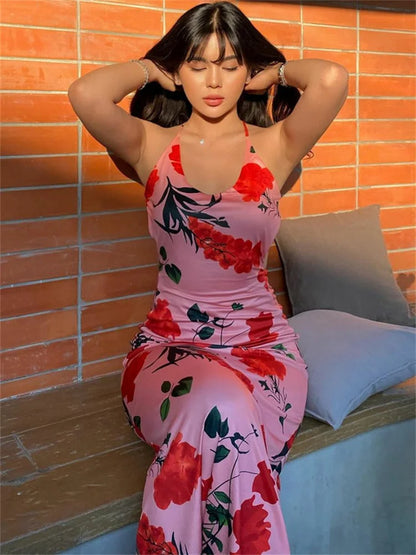 Vestido de moda con espalda descubierta y estampado para mujer, estilo vendaje, ajustado, elegante, de fiesta, con cordones, sexy, largo, para verano 2025
