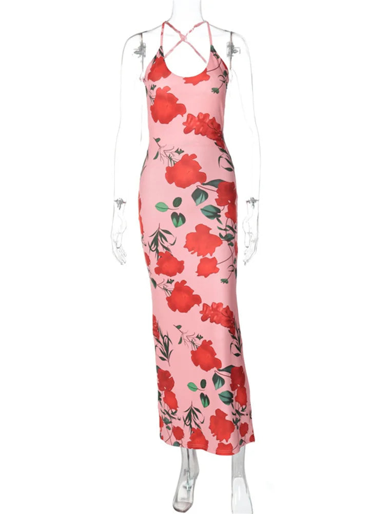 Vestido de moda con espalda descubierta y estampado para mujer, estilo vendaje, ajustado, elegante, de fiesta, con cordones, sexy, largo, para verano 2025