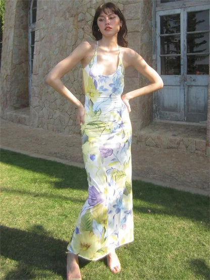 Vestido de moda con espalda descubierta y estampado para mujer, estilo vendaje, ajustado, elegante, de fiesta, con cordones, sexy, largo, para verano 2025
