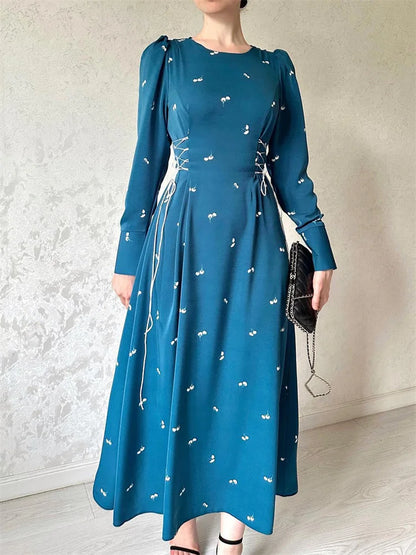 Printed Bandage Elegant Maxi Dress For Women Slim Patchwork Lace-Up Long Sleeve Fashion Dress Female Contrast Long Dress