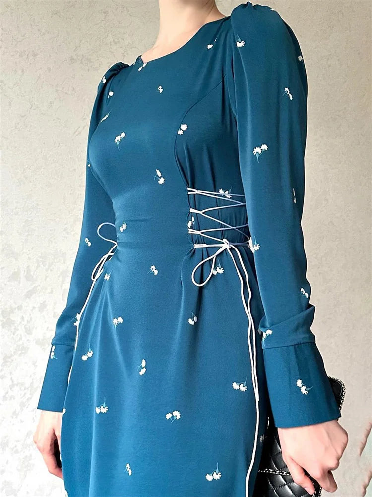 Printed Bandage Elegant Maxi Dress For Women Slim Patchwork Lace-Up Long Sleeve Fashion Dress Female Contrast Long Dress