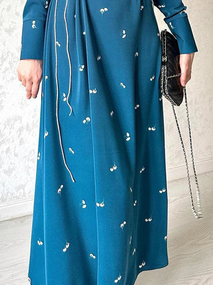 Printed Bandage Elegant Maxi Dress For Women Slim Patchwork Lace-Up Long Sleeve Fashion Dress Female Contrast Long Dress