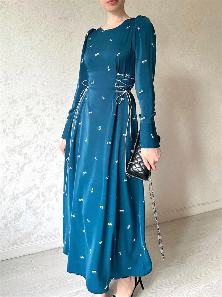 Printed Bandage Elegant Maxi Dress For Women Slim Patchwork Lace-Up Long Sleeve Fashion Dress Female Contrast Long Dress