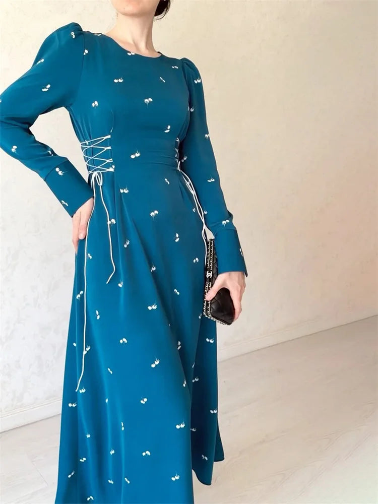 Printed Bandage Elegant Maxi Dress For Women Slim Patchwork Lace-Up Long Sleeve Fashion Dress Female Contrast Long Dress