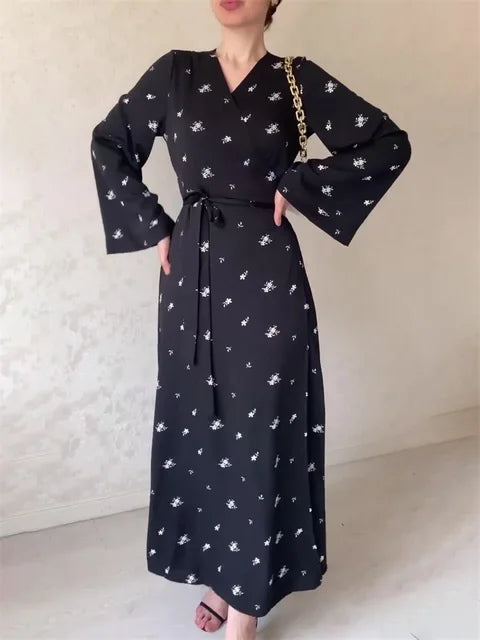 Printed Bandage Elegant Maxi Dress For Women V-Neck Patchwork Fashion High Waist Lace-Up Party Looks Long Dress 2025 New