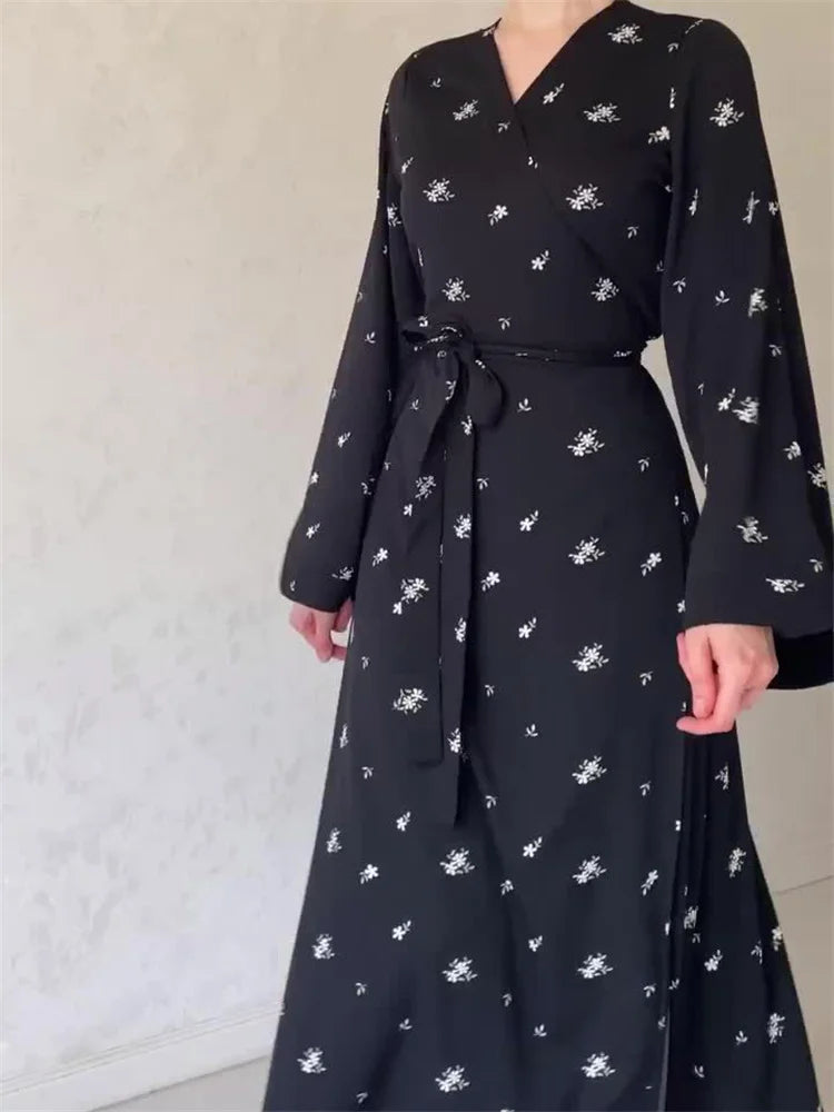 Printed Bandage Elegant Maxi Dress For Women V-Neck Patchwork Fashion High Waist Lace-Up Party Looks Long Dress 2025 New