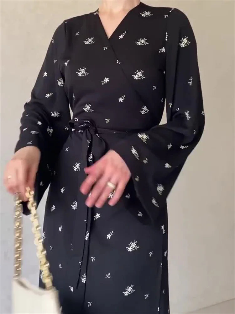 Printed Bandage Elegant Maxi Dress For Women V-Neck Patchwork Fashion High Waist Lace-Up Party Looks Long Dress 2025 New