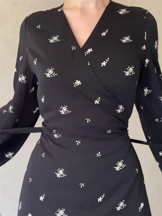 Printed Bandage Elegant Maxi Dress For Women V-Neck Patchwork Fashion High Waist Lace-Up Party Looks Long Dress 2025 New