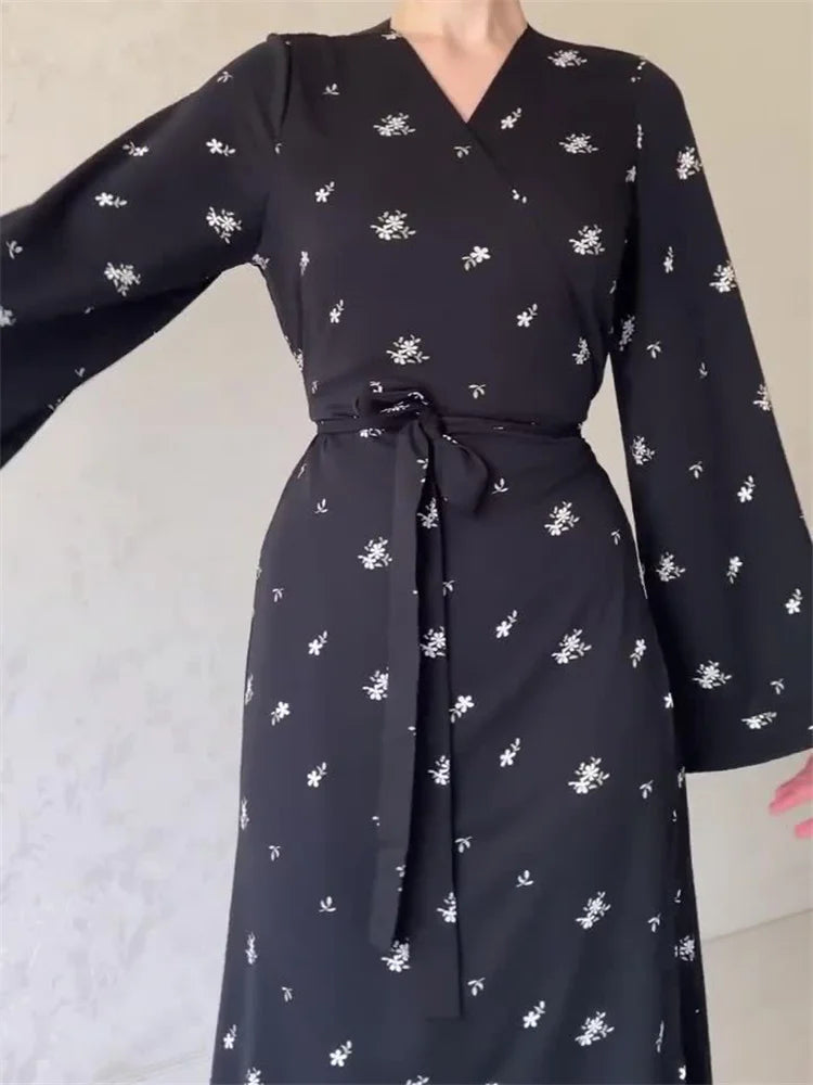 Printed Bandage Elegant Maxi Dress For Women V-Neck Patchwork Fashion High Waist Lace-Up Party Looks Long Dress 2025 New