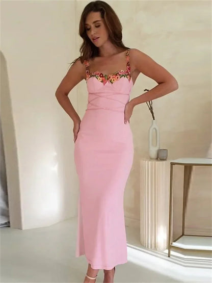Vestido largo de vendaje estampado a la moda para mujer, elegante, ajustado, sin mangas, de cintura alta, con espagueti, vestido de fiesta de retazos para mujer