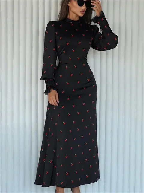 Printed Bandage Fashion Long Dress Ladies Elegant Satin High Street Party Dress Casual Long Sleeve Patchwork Maxi Dress